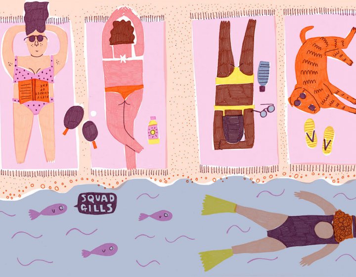 Colourful illustration of women and a dog lying on beach towels at the beach.