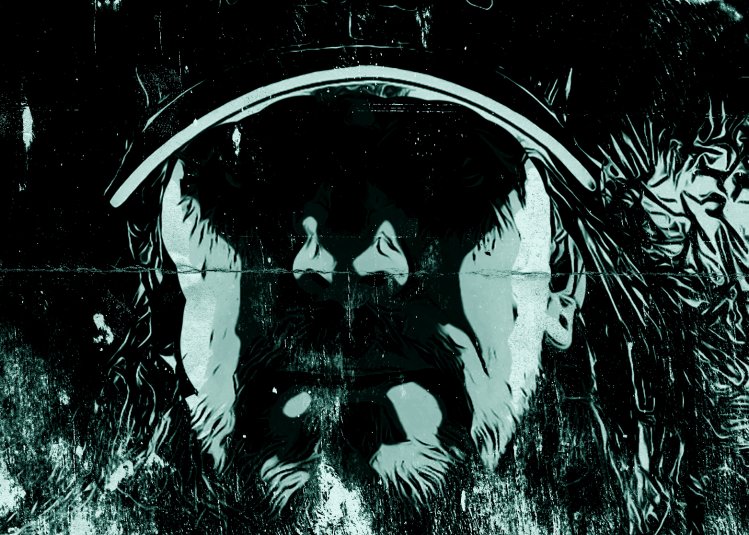 Black and purple artwork of a man in a cap