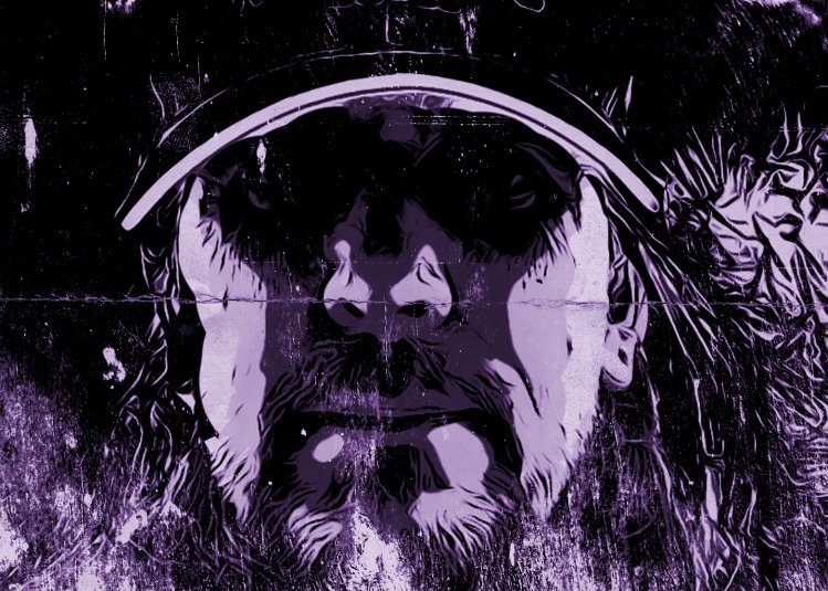 Black and purple artwork of a man in a cap