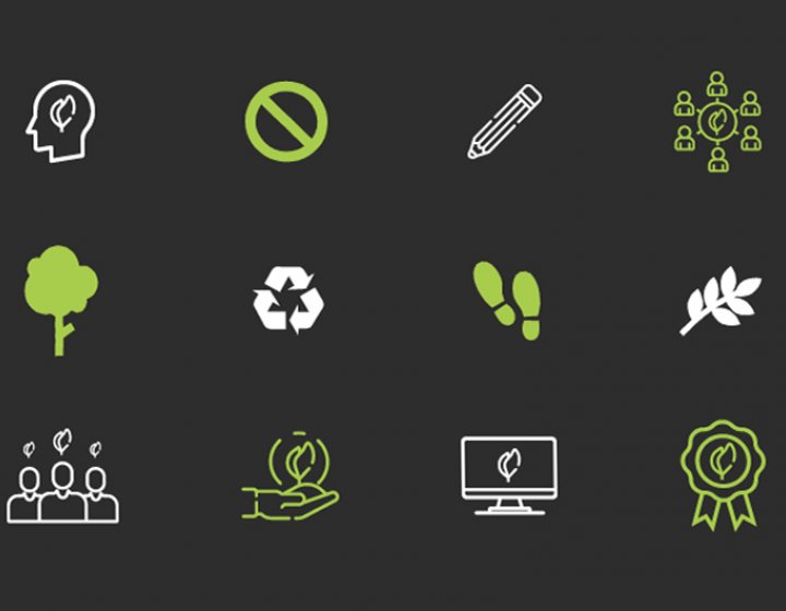 Sustainability icons on a dark background