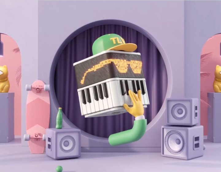 Digital image of a keyboard cube wearing a cap and sunglasses