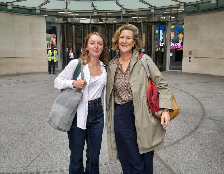 Two Falmouth University students standing outside BBC London