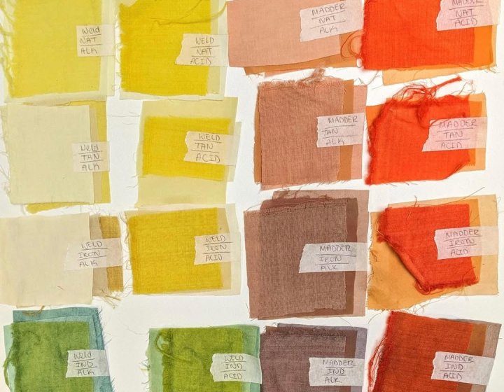 Photo of 16 colourful natural dye samples 