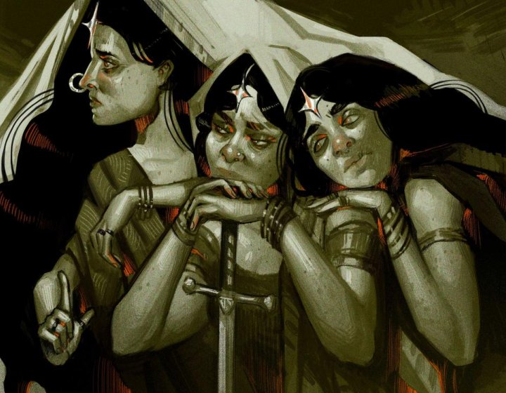 An illustration of three women holding swords