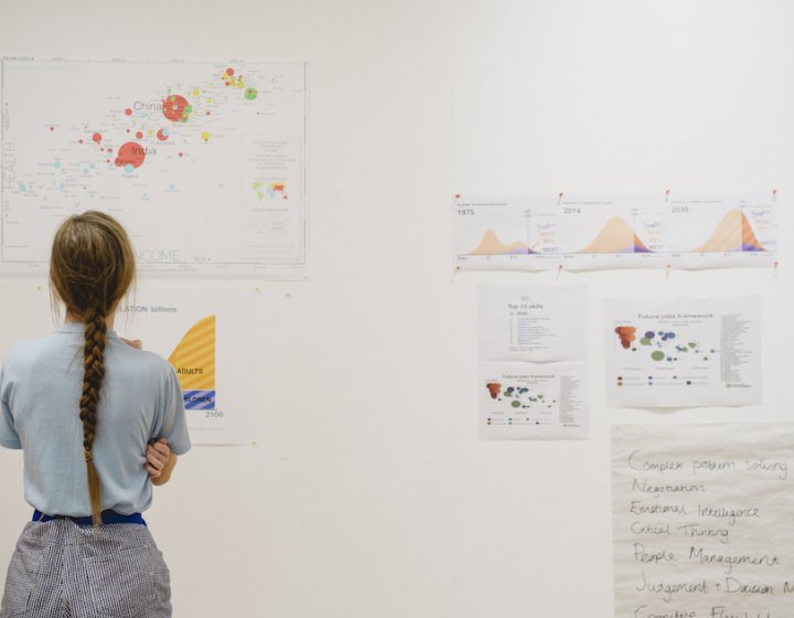 A girl looking at print outs of business graphs on a wall