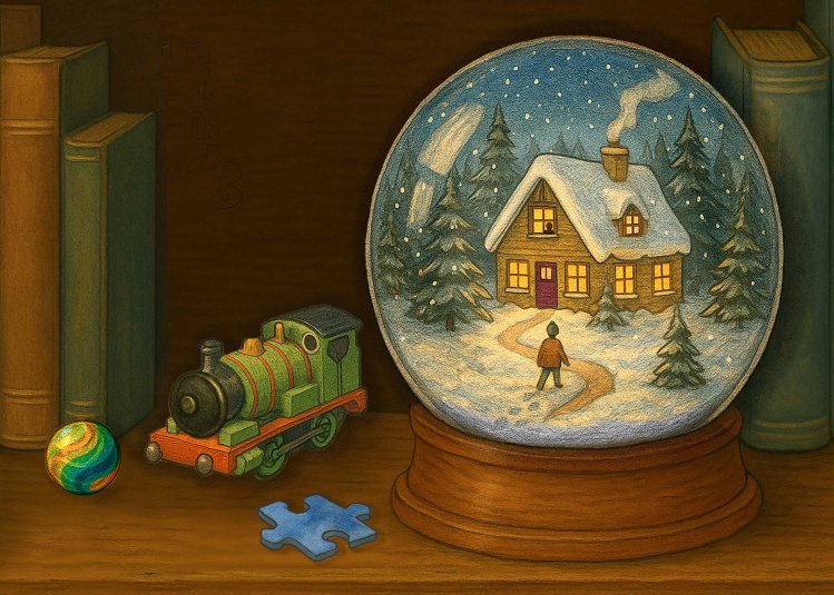 An illustrative image of a snow globe on a table with other toys and books around it