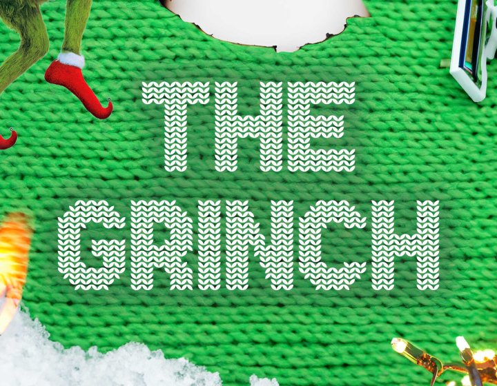 An illustrative image in the style of a Christmas jumper with the text The Grinch in the centre