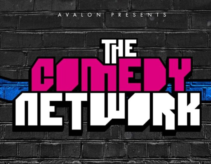 The Comedy Network logo on a background of black bricks with a blue zigzag going through the middle