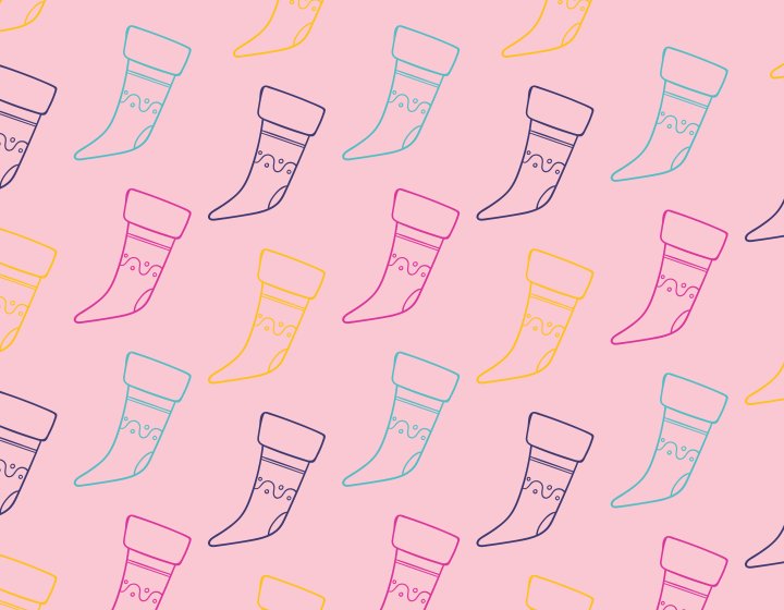 Pink banner with line drawn stockings in multi-colour
