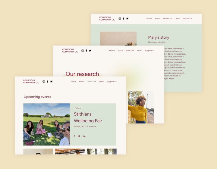 Screenshots of a website design project by students on Business & Marketing BSc (Online)