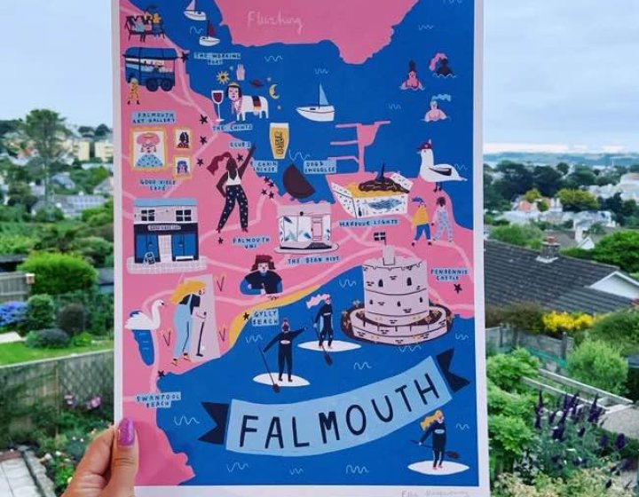 Pink and blue illustraton of a map of Falmouth Town, by one of our graduates known as Ellastrated