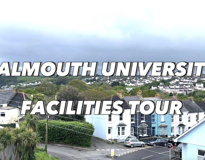 View of Falmouth houses with the text 'Falmouth University Facilities Tour' overlayed
