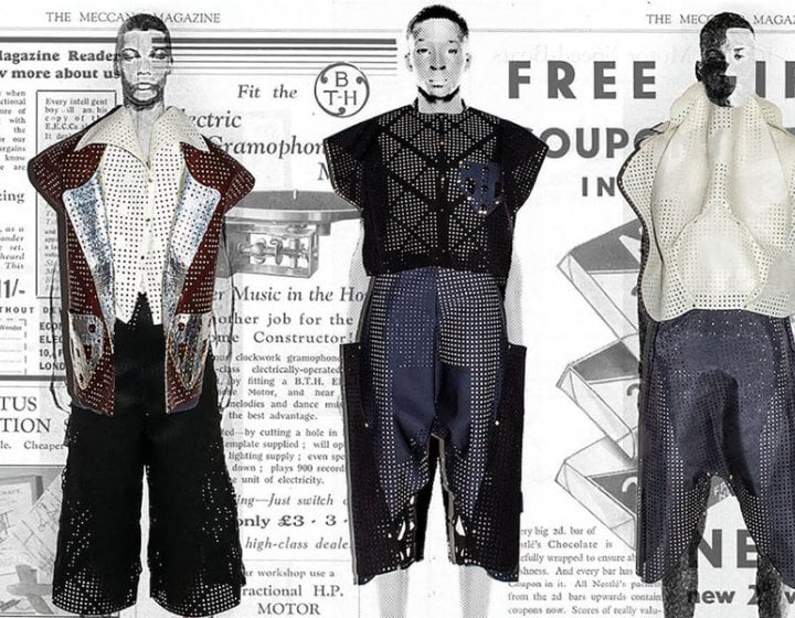 Drawing of three men wearing netted clothing with a newsprint background