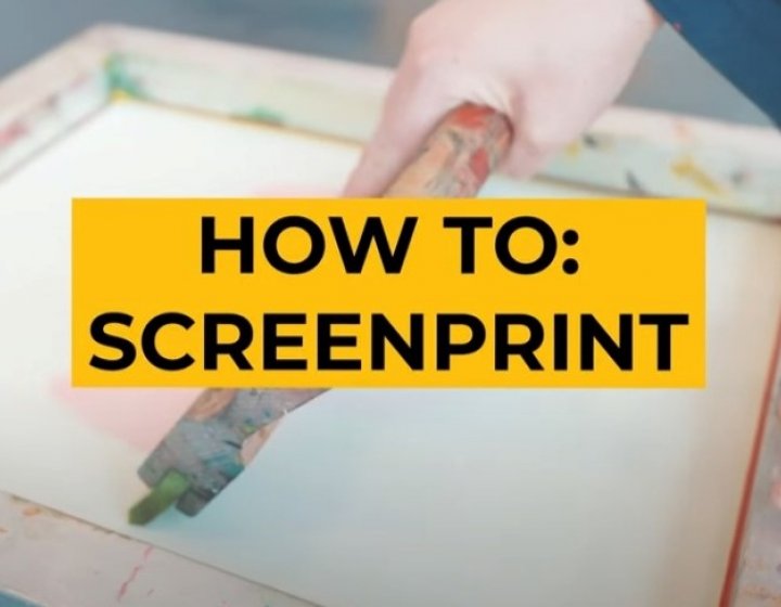 Photo of hands over a screen printing board with yellow box on top with the words 'How to: screen print' overlaid.