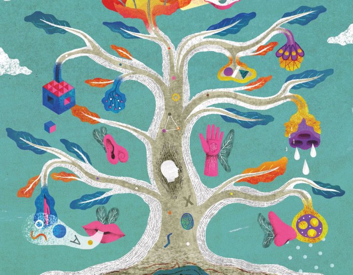 Student illustration of colourful tree on teal background