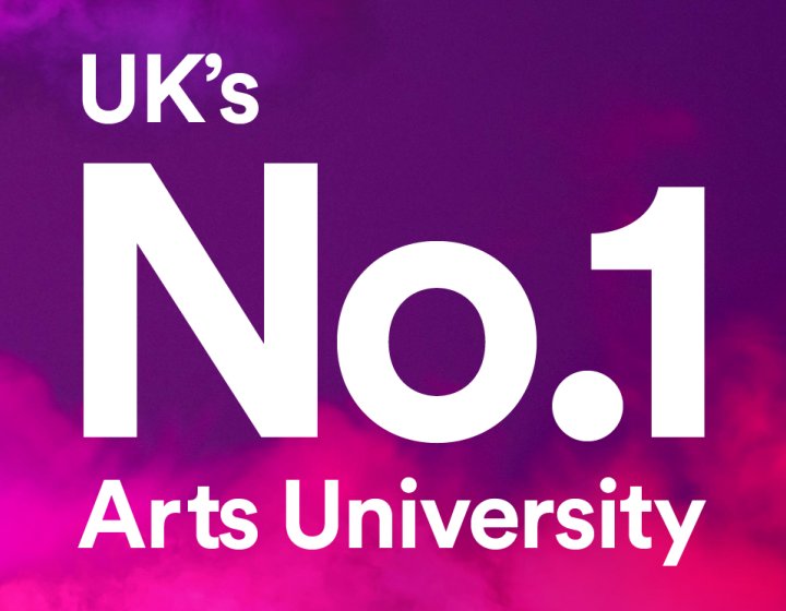 Pink and purple background with white text that reads 'UK's number one arts university