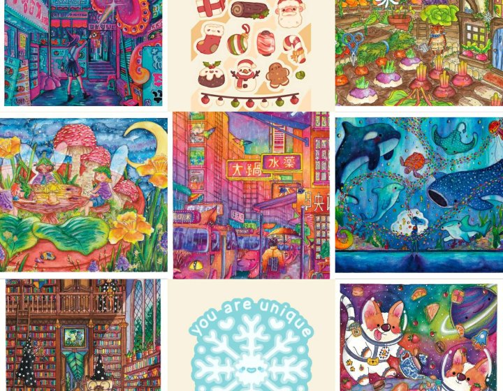 A grid of 9 colourful illustrations