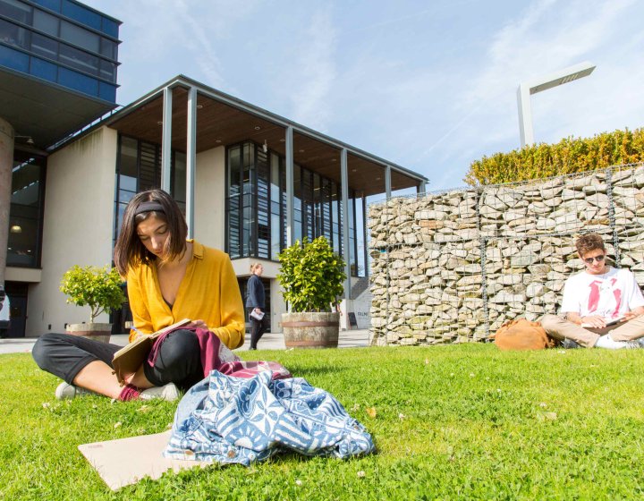 Students sit and read on the grass outside the Stannary