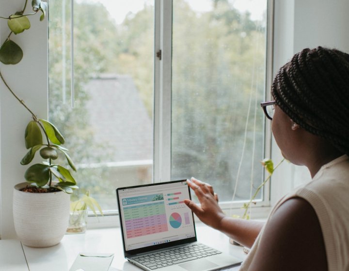 A woman working at a laptop by a window next to a plant and calculator