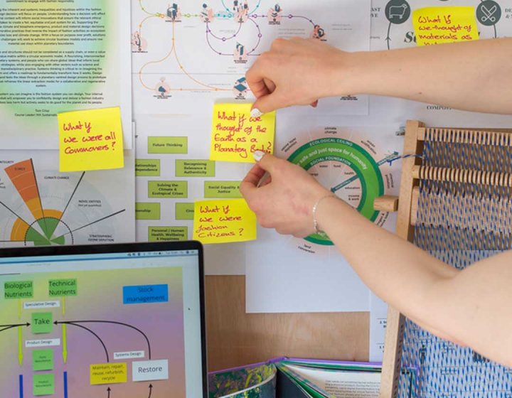 A sustainable fashion student pinning their work to a wall