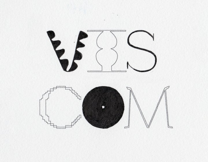 Black and white illustrated text of VIS COM
