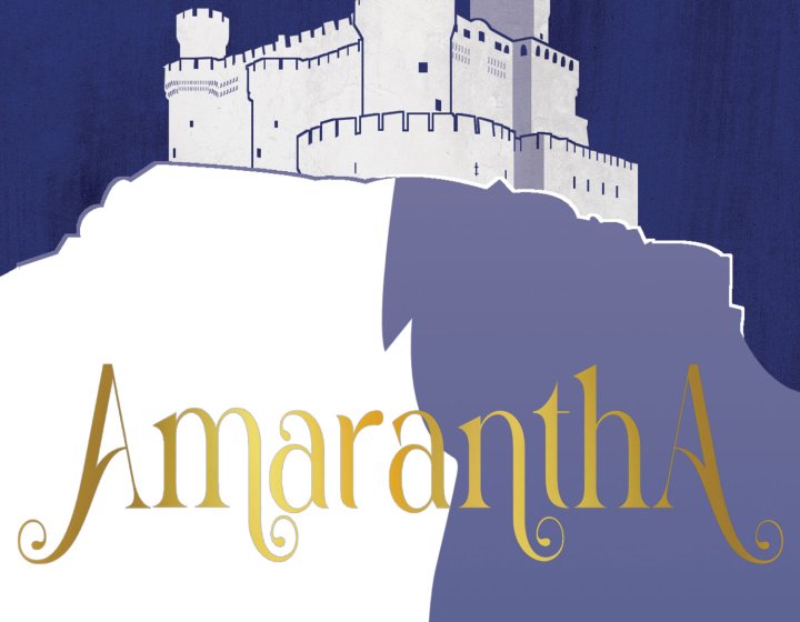 Book cover - blue and purple background with white illustration of a castle and title 'Amarantha' in gold in the centre