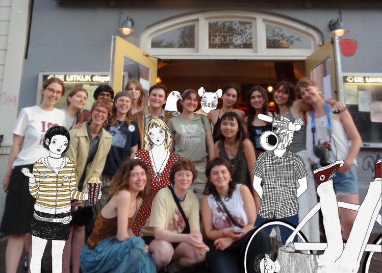 Group of students outside cinema with illustrations incorporated throughout picture