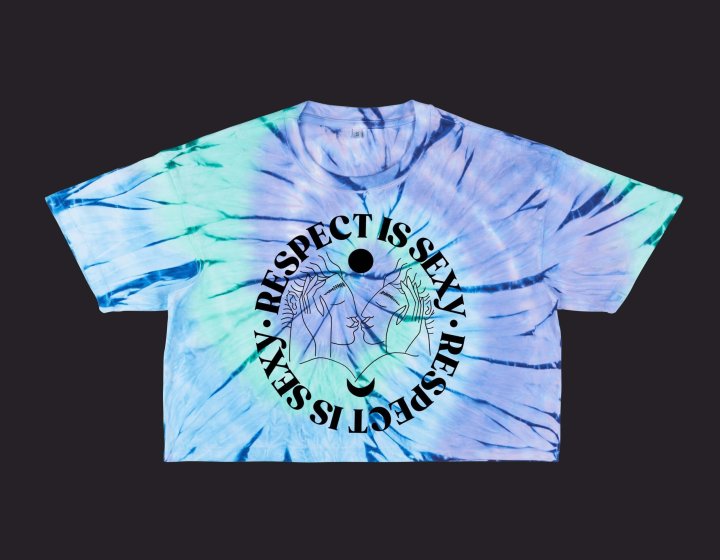 tie dye tshirt with text 'respect is sexy'