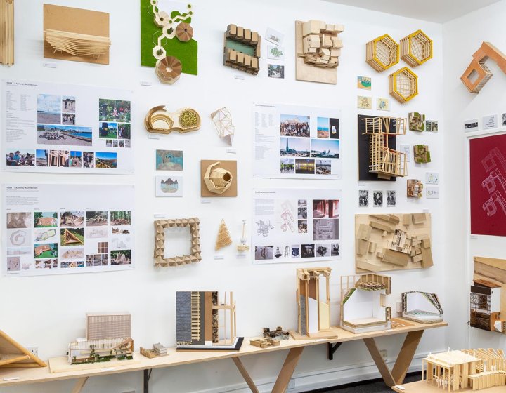 Exhibition wall of models and plans by Architecture students