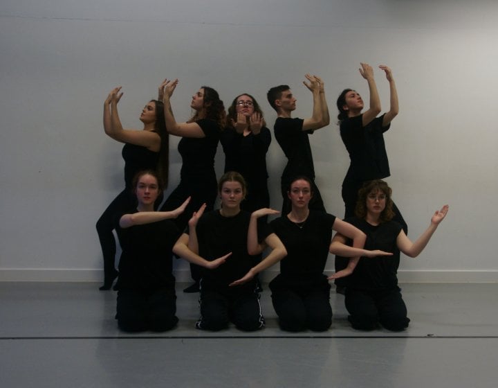 Nine dancers posing against a grey wall