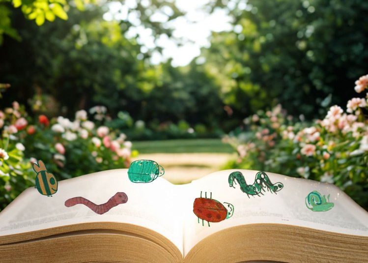 An open book with the garner in the background and illustrative images of bugs dancing on the book