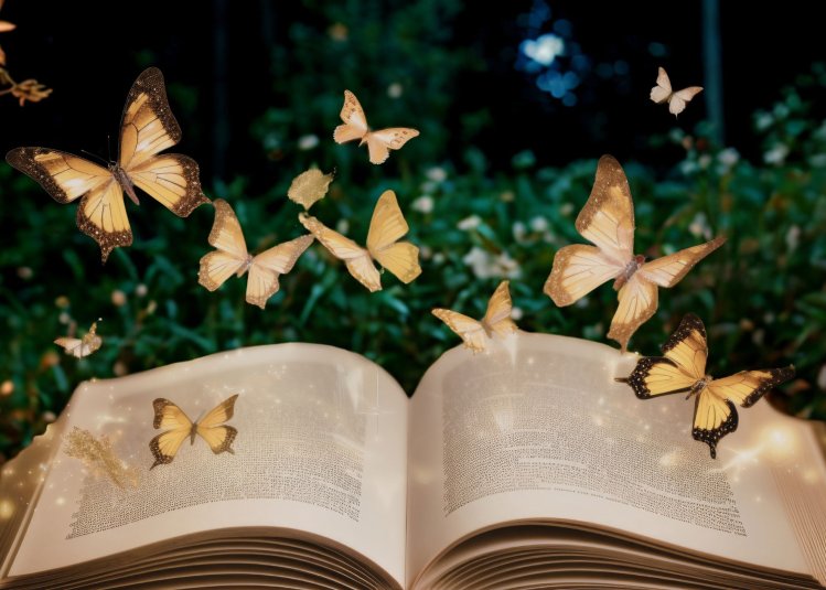 An open book in a nighttime garden with illuminated butterflies flying off of the pages