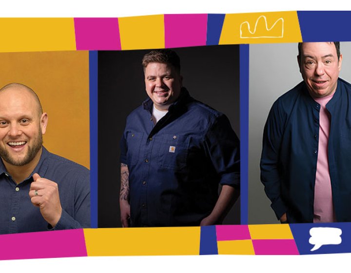 3 comedian headshots in a line inside a colourful illustrated template with different shapes and icons