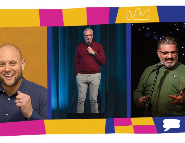 3 comedian headshots in a line inside a colourful illustrated template with different shapes and icons
