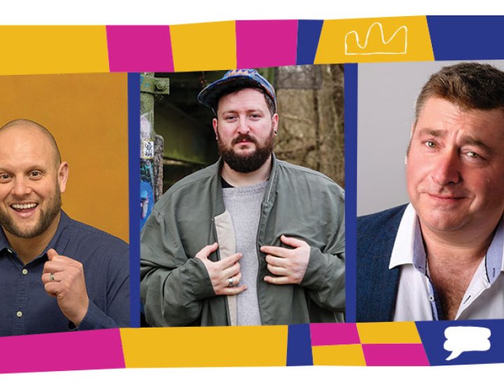 3 comedian headshots in a line inside a colourful illustrated template with different shapes and icons
