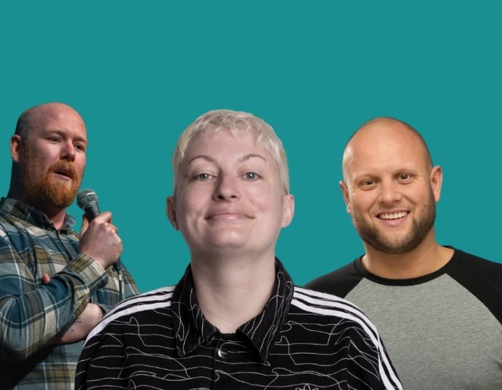 A photo montage of 3 comedians headshots against a sea green backdrop
