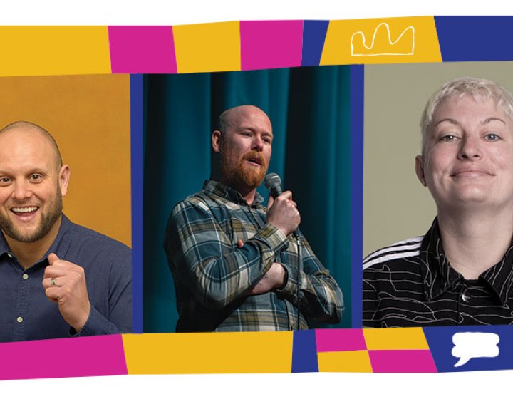 3 comedian headshots in a line inside a colourful illustrated template with different shapes and icons