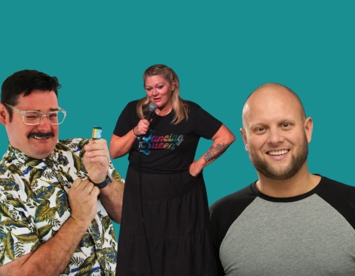A photo montage of 3 comedians headshots against a sea green backdrop