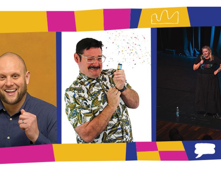 3 comedian headshots in a line inside a colourful illustrated template with different shapes and icons