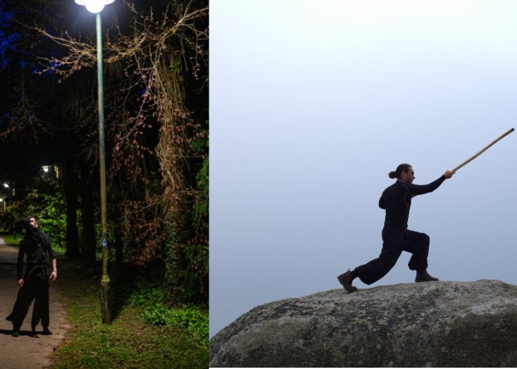 Two images side by side of two dancers. One on a dark footpath looking up at a light and one on top of a hill during the daytime