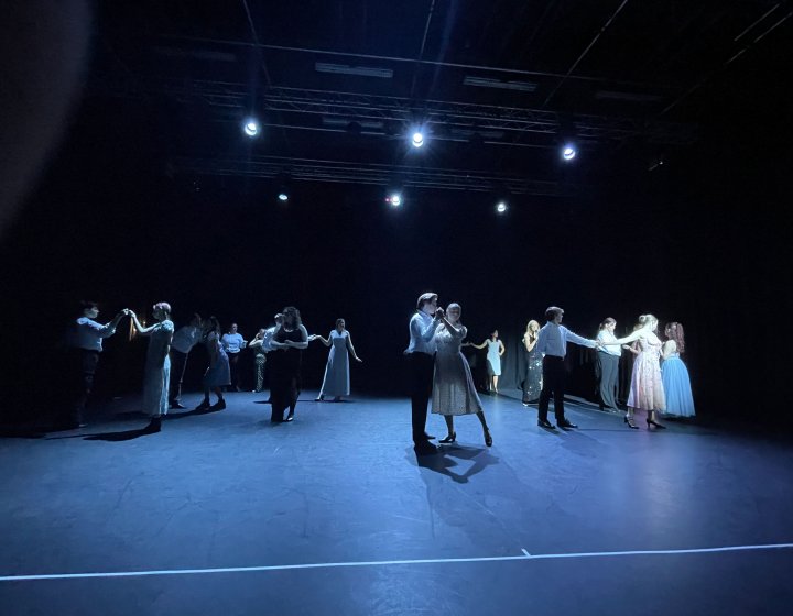 A large group of dance performers in a duet formation on stage under blue lighting