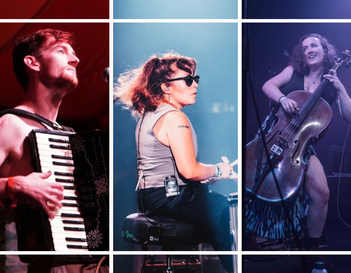 A trio of images of musicals playing the accordion, drums and cello