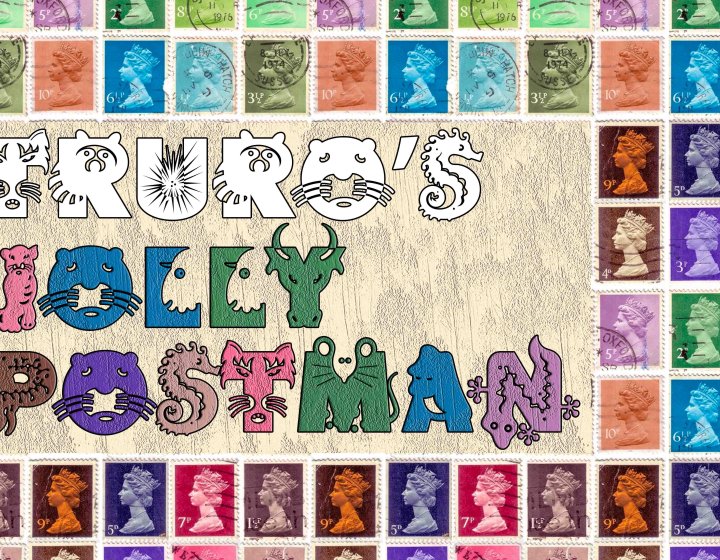 A collection of Royal Mail stamps with text in the foreground saying "Truro's Jolly Postman"