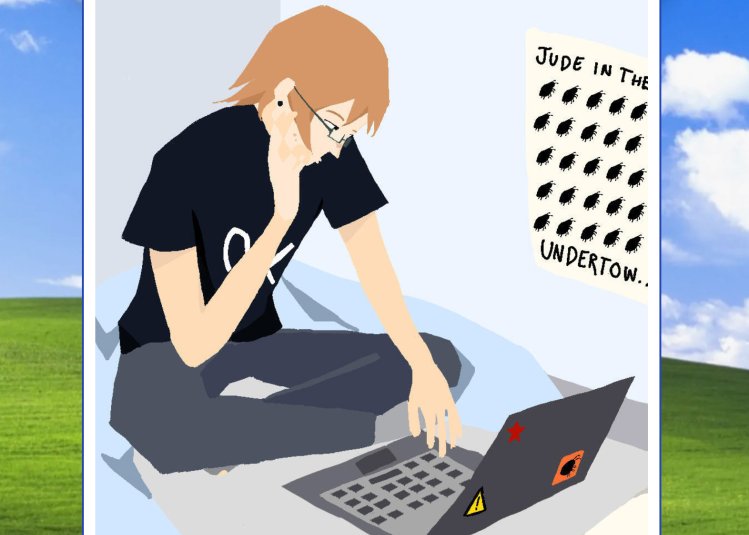 An illustrative picture of a person sat on the floor with a laptop computer in front of them