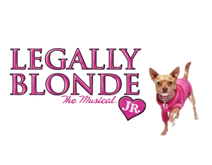 The text 'Legally Blonde The Musical Jnr.' in pink text with a small dog in a pink jumper next to it