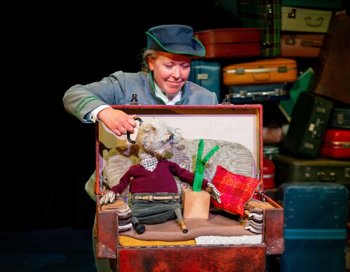 A person perfomring puppetry with a small puppet in an open suitcase with a background of books