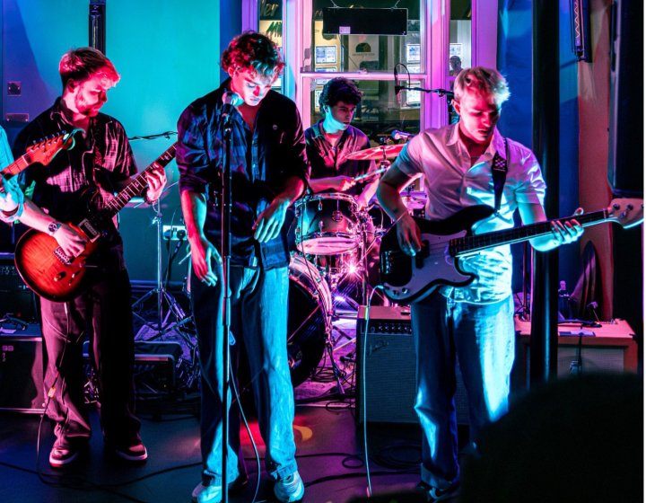 A brightly coloured image of 4 musicians performing at a local gig