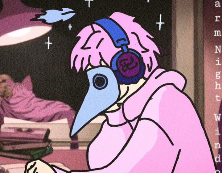 An illustrative image of a bird dressed in pink clothing with headphones on