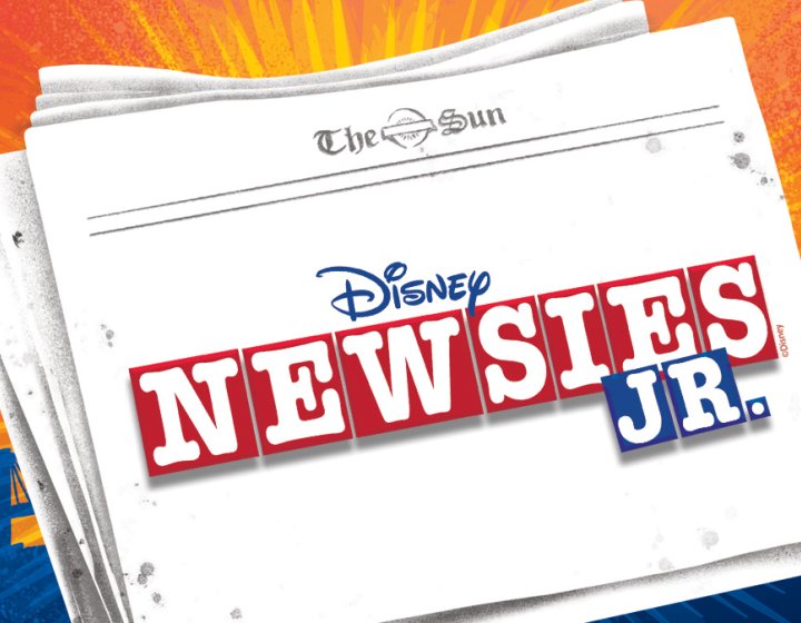 An illustration of a newspaper against the sunlight skyline of New York City and the text 'Disney Newsies Jr'