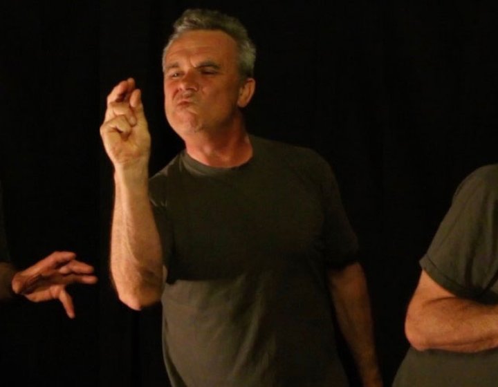 A photo montage of the actor Paul Morel posing in 3 different positions for the show King Lear